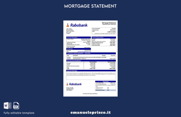 stile verificato Modello di estratto conto ipotecario Rabobank della Nuova Zelan